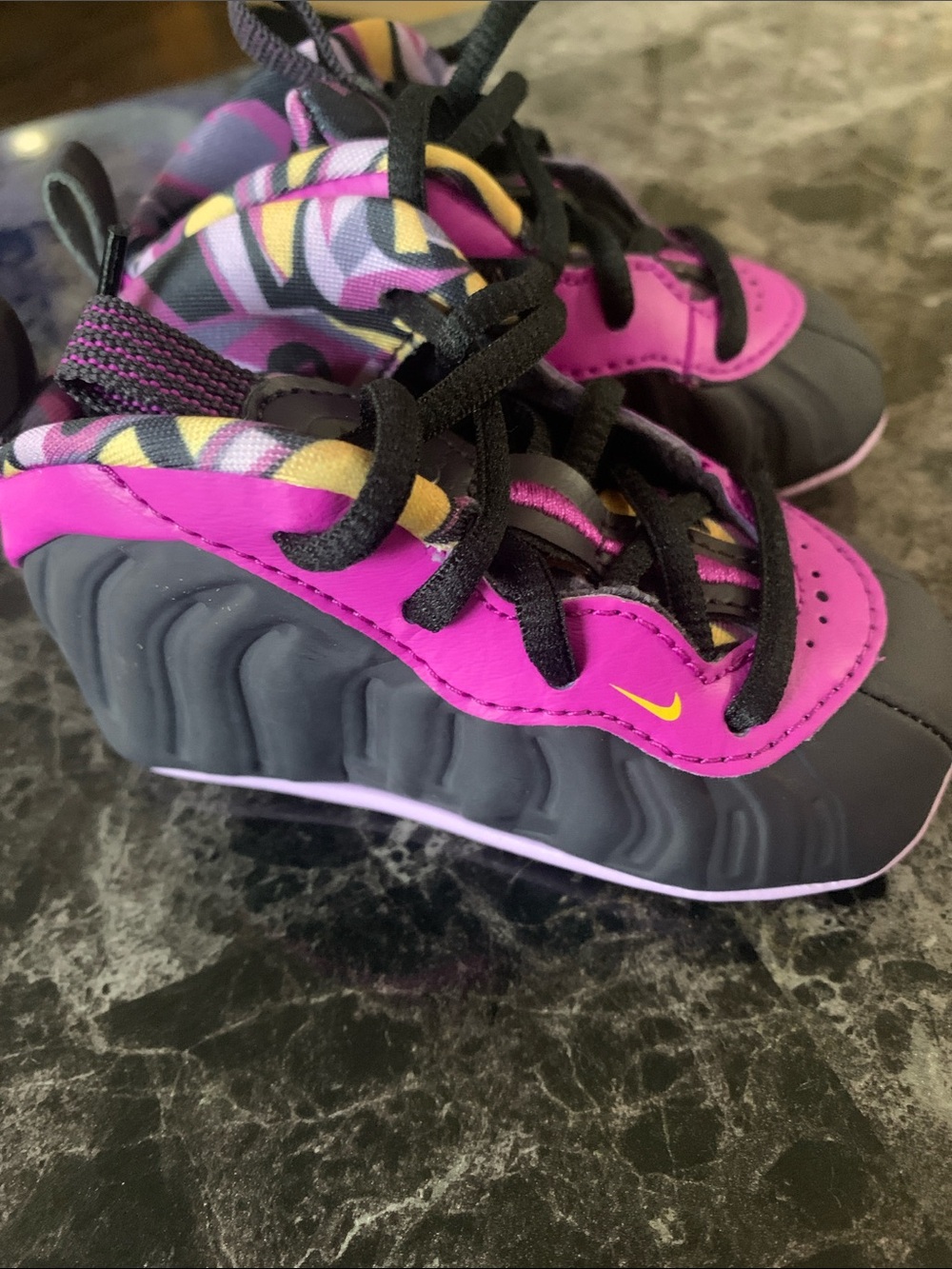 Nike Kids Black and Magenta Foamposite-Style Sneakers with Yellow Accents